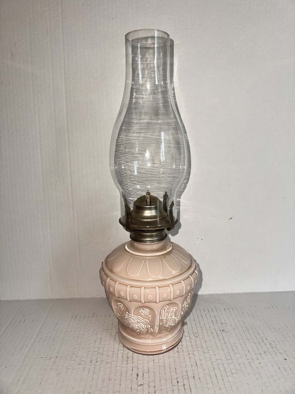 Vintage 1988 Kaadan Ltd Pink Embossed Glass Oil Lamp Chimney 15.5”
